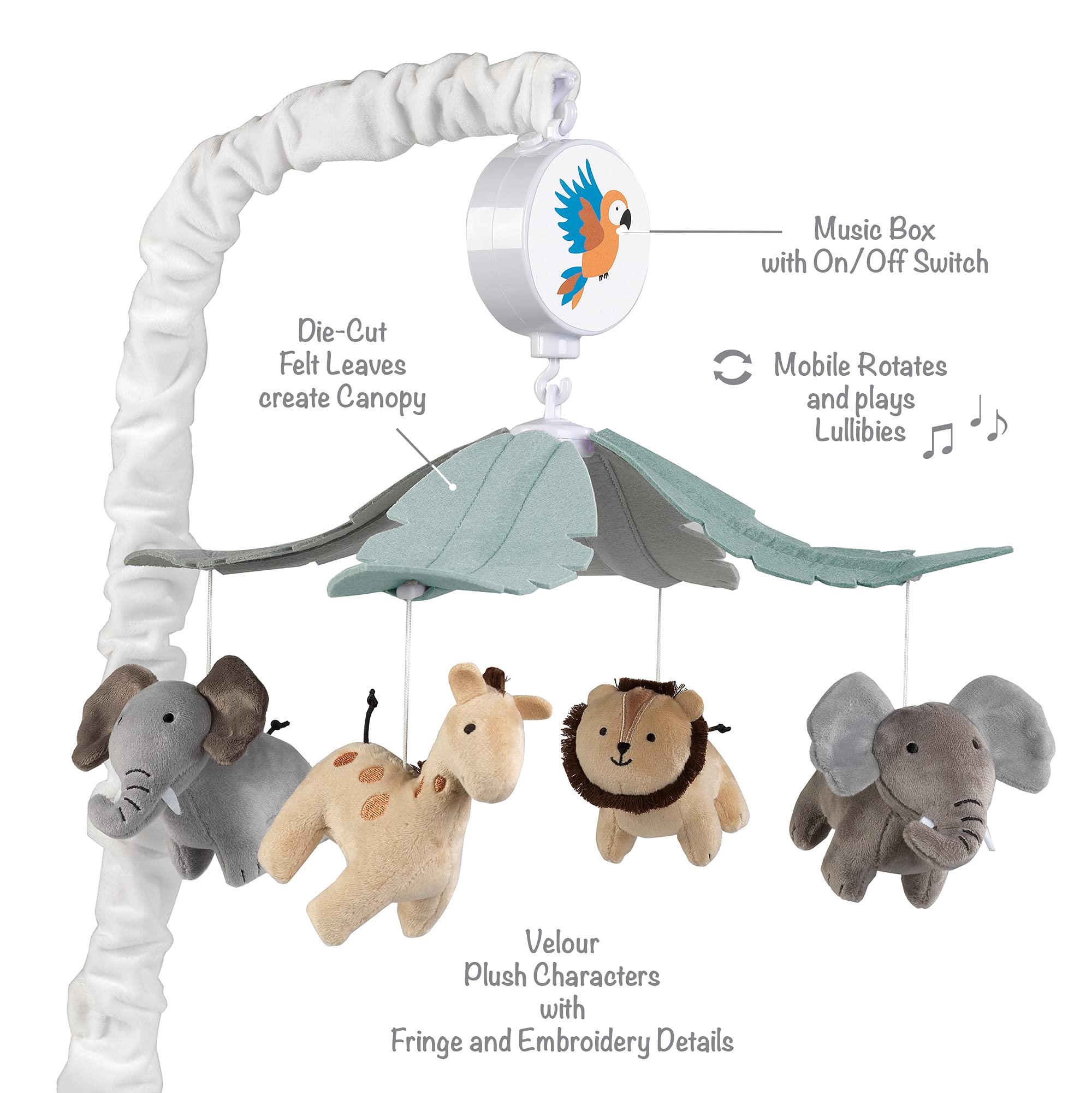 Lambs & Ivy Jungle Friends mobile helps baby self soothe with music and motion.