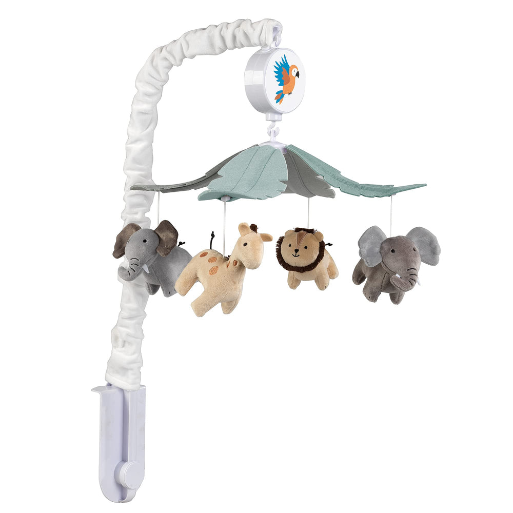 Lambs & Ivy Jungle Friends mobile includes crib attachment hardware for easy setup.