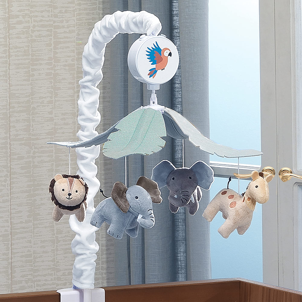 Lambs & Ivy Jungle Friends mobile features soft animal figures for bedtime calm.