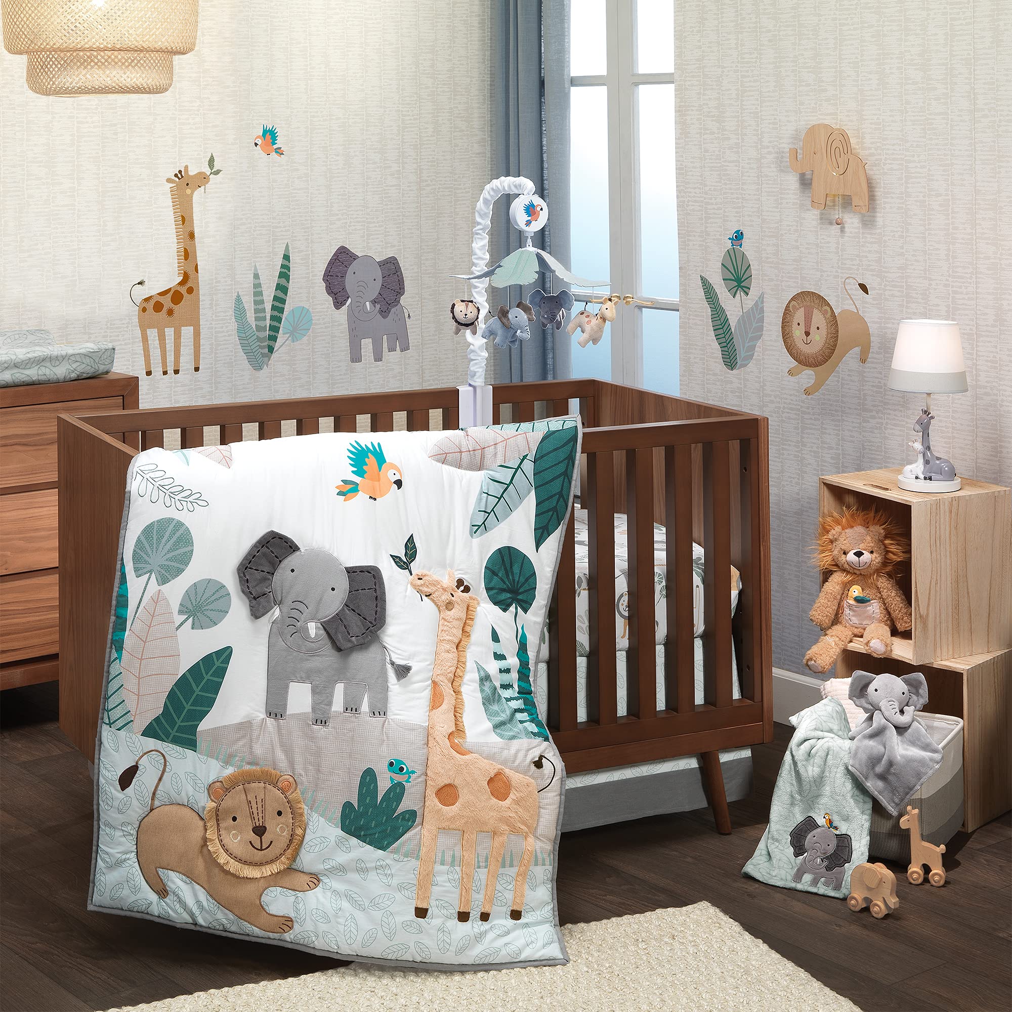 Lambs & Ivy Jungle Friends mobile offers visual and auditory stimulation for soothing routines.