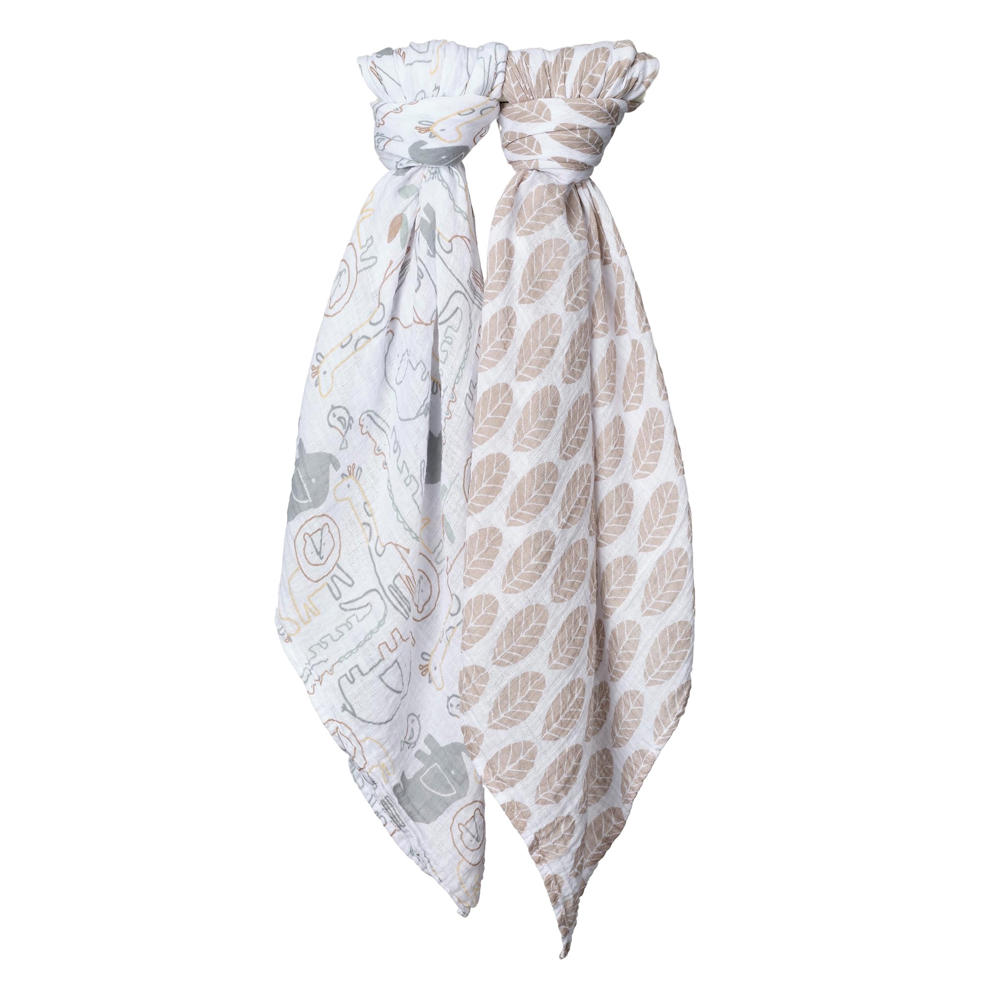 Lambs & Ivy Jungle Story taupe leaf print swaddle offers soft daytime comfort