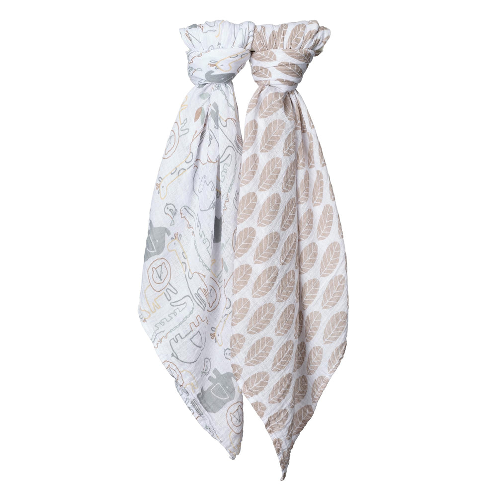 Lambs & Ivy Jungle Story taupe leaf print swaddle offers soft daytime comfort