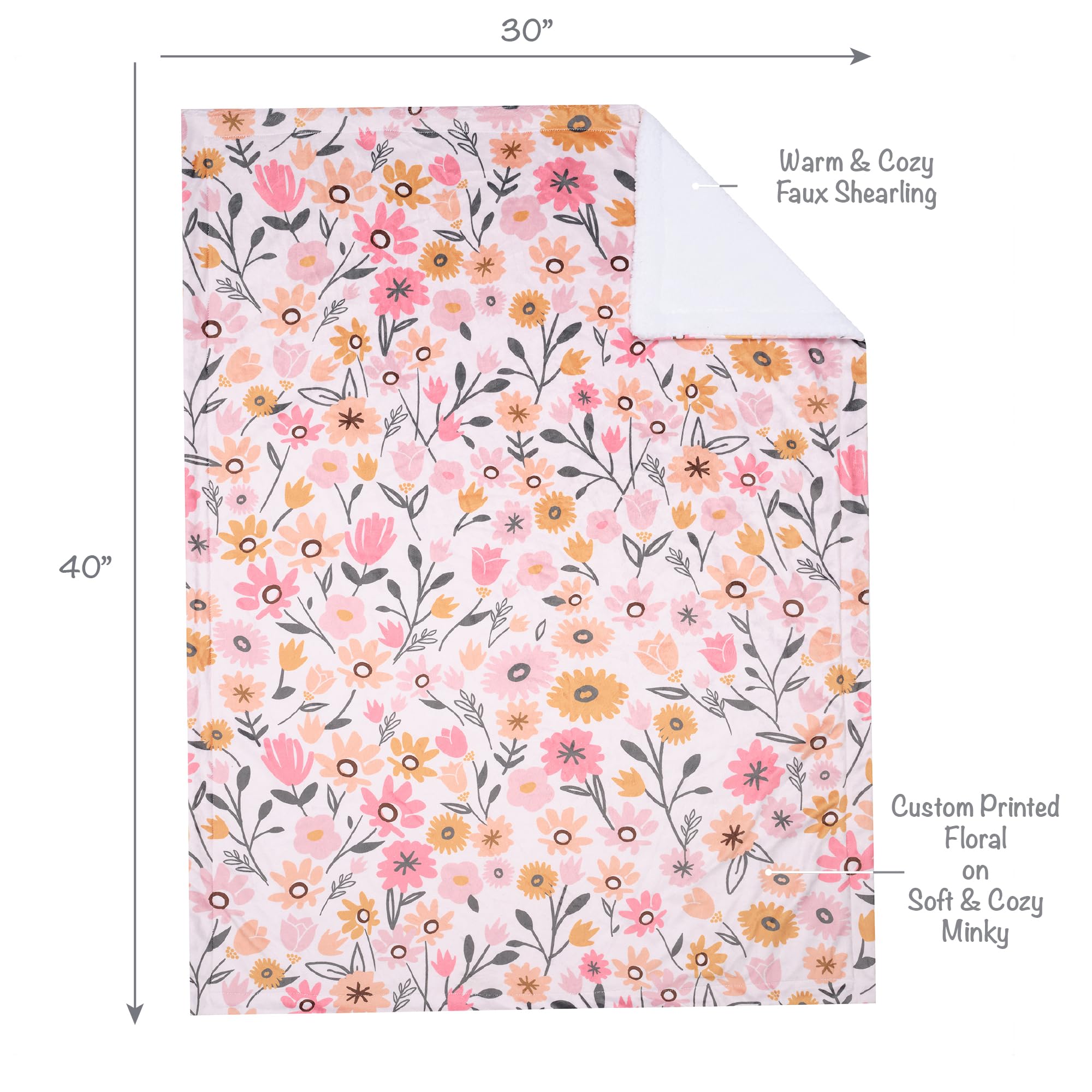 Little Garden floral pattern close-up with pink, peach, strawberry and goldenrod hues