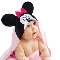 Lambs & Ivy Minnie Mouse hooded towel in pink cotton helps dry baby after bath