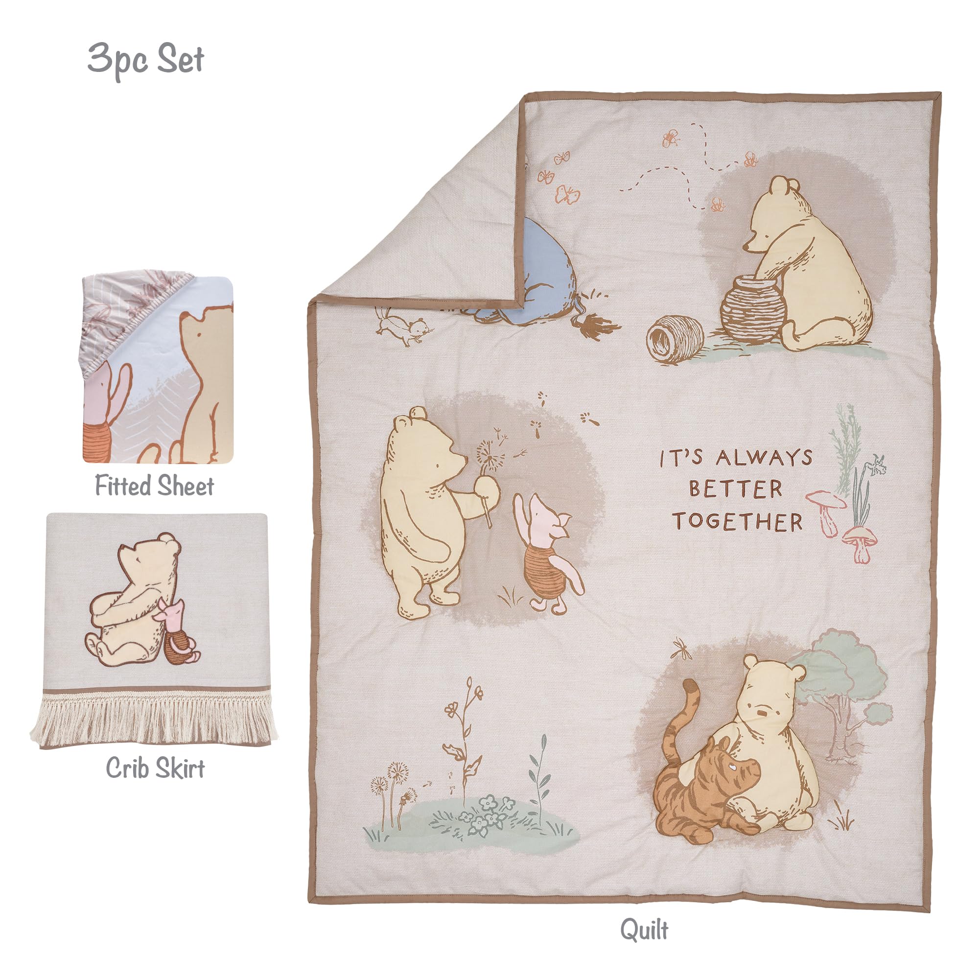 Lambs & Ivy Pooh Bear and Pals cotton crib sheet detail showcasing soft, breathable fabric.