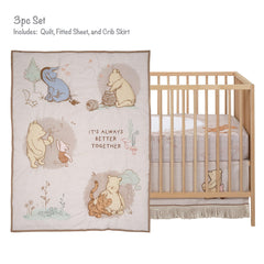 Lambs & Ivy Pooh Bear and Pals fitted sheet highlights breathable 100% cotton for baby comfort.