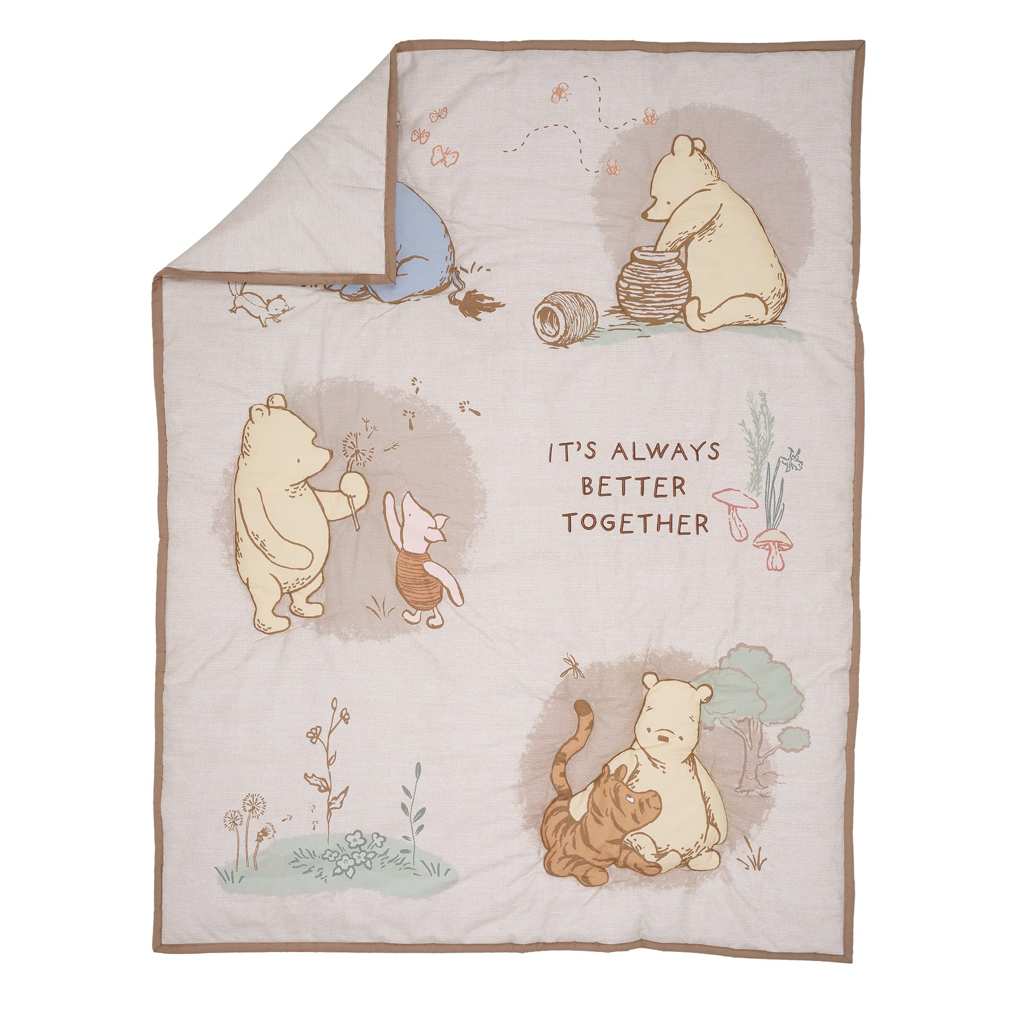 Lambs & Ivy Pooh Bear and Pals quilt invites gentle tummy time and cozy play.