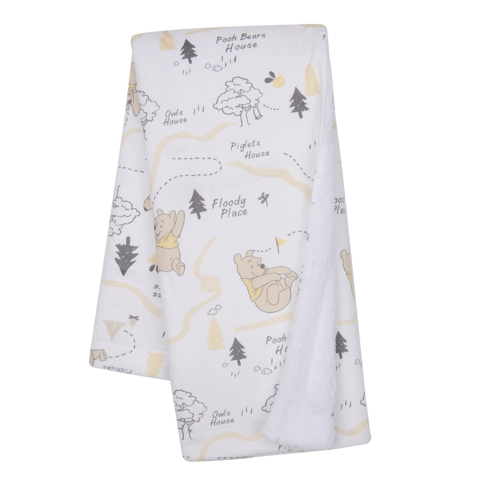 Lambs & Ivy Pooh blanket—front minky illustration in neutral tones for stroller warmth.