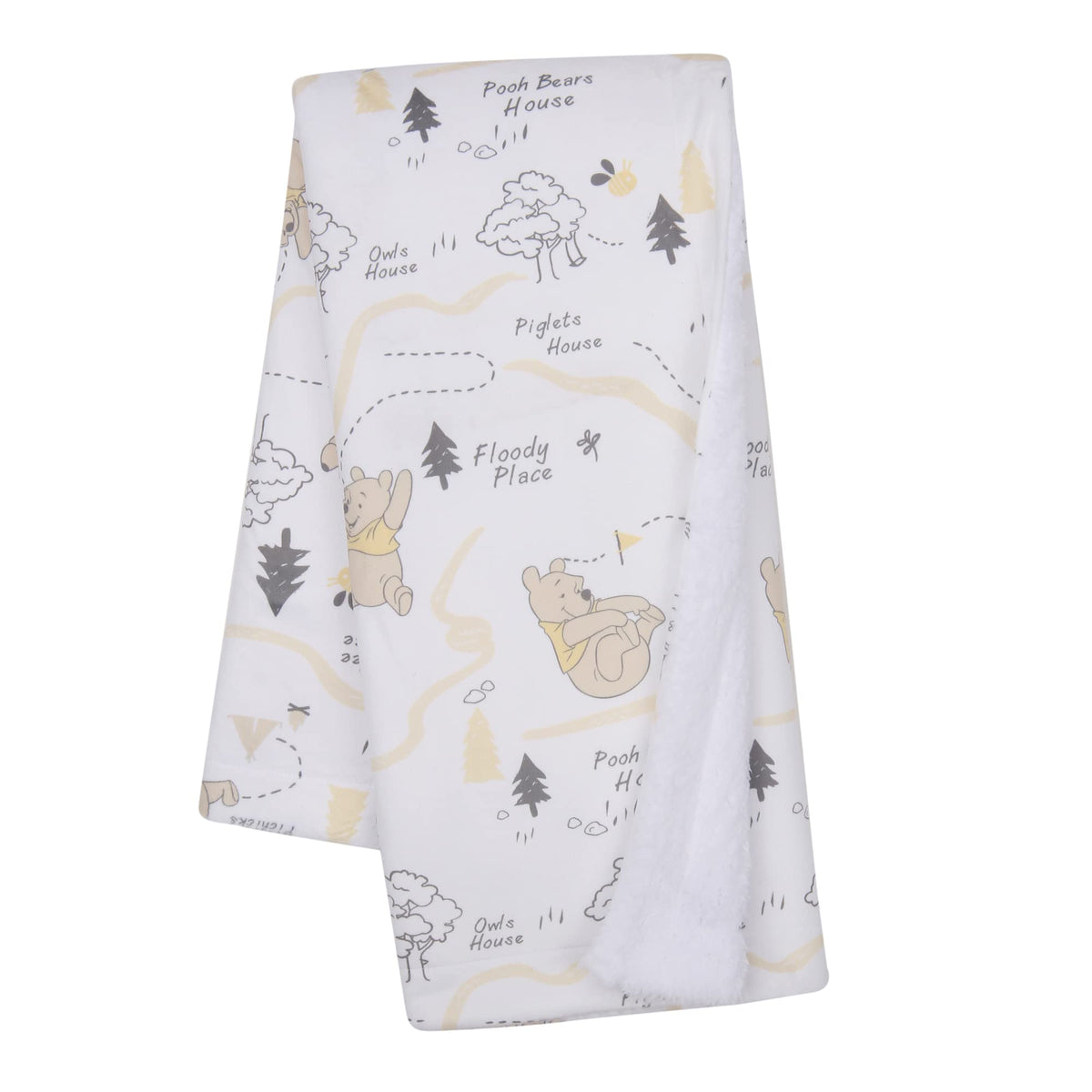Lambs & Ivy Pooh blanket—front minky illustration in neutral tones for stroller warmth.