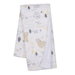 Lambs & Ivy Pooh blanket—front minky illustration in neutral tones for stroller warmth.