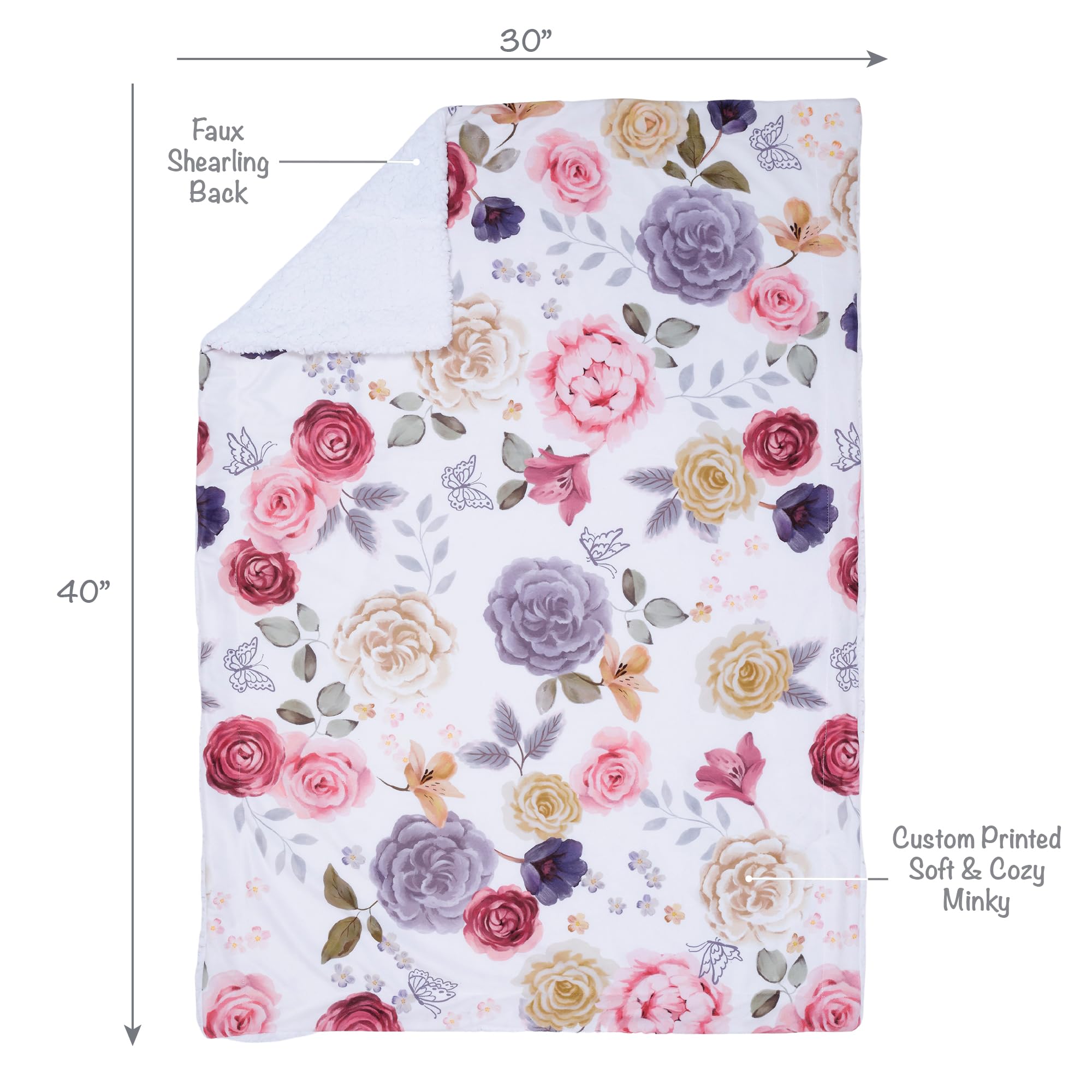 Lambs & Ivy Secret Garden blanket back is soft white faux shearling for gentle warmth.