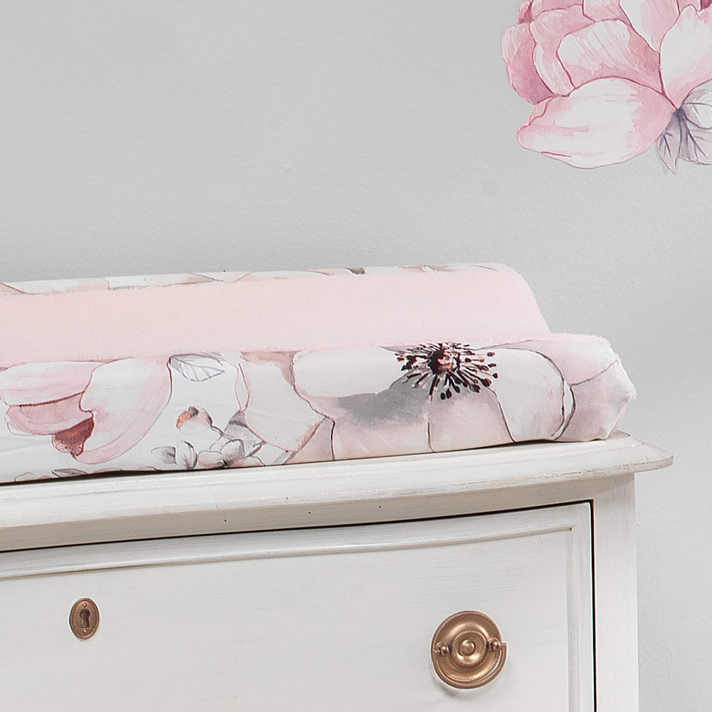 Lambs & Ivy Signature Botanical Minky changing pad cover side panels with watercolor florals coordinate nursery style.