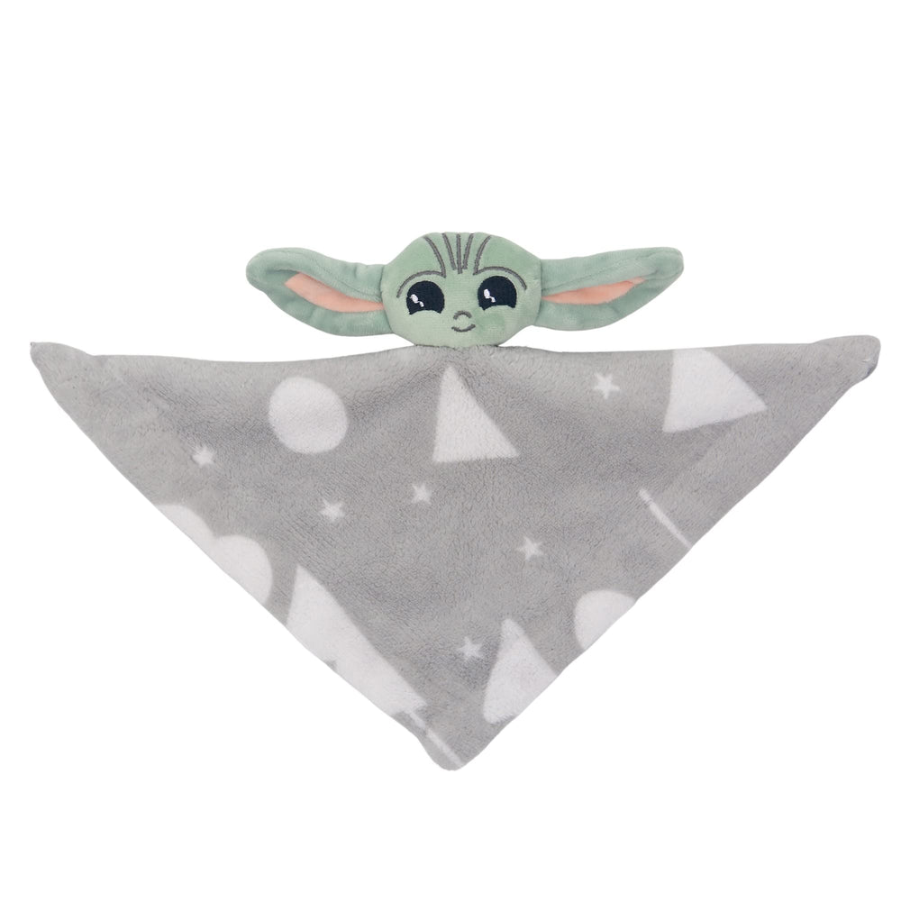 Lambs & Ivy Grogu security blanket close-up fabric weave enhances softness.