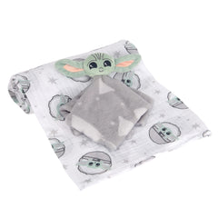 Lambs & Ivy Star Wars Baby Yoda swaddle blanket, front view for cozy newborn comfort.