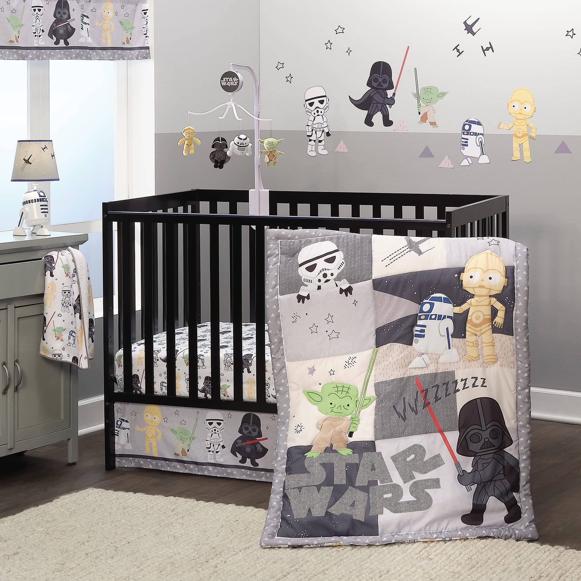 Lambs & Ivy Darth Vader pattern on Star Wars sheet emphasizes durable design