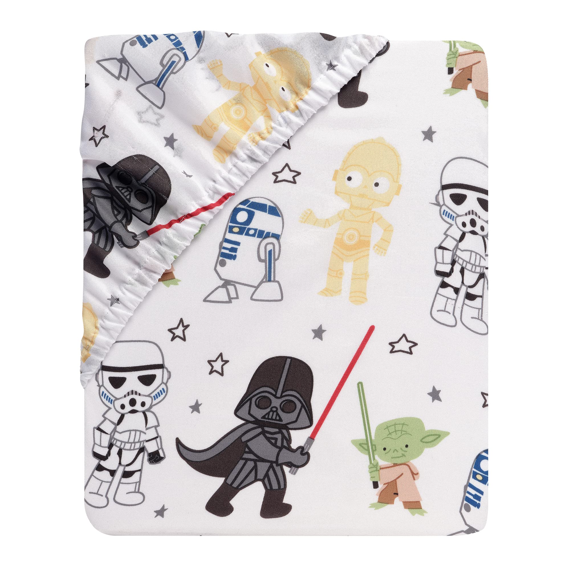 Lambs & Ivy Yoda close-up on Star Wars sheet highlights soft microfiber feel
