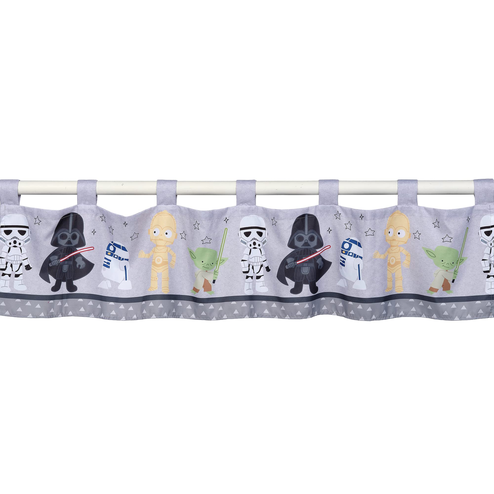 Lambs & Ivy Star Wars valance with Yoda adds playful space theme to kids room decor.