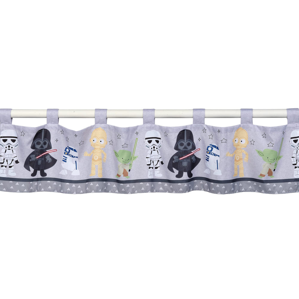 Lambs & Ivy Star Wars valance with Yoda adds playful space theme to kids room decor.