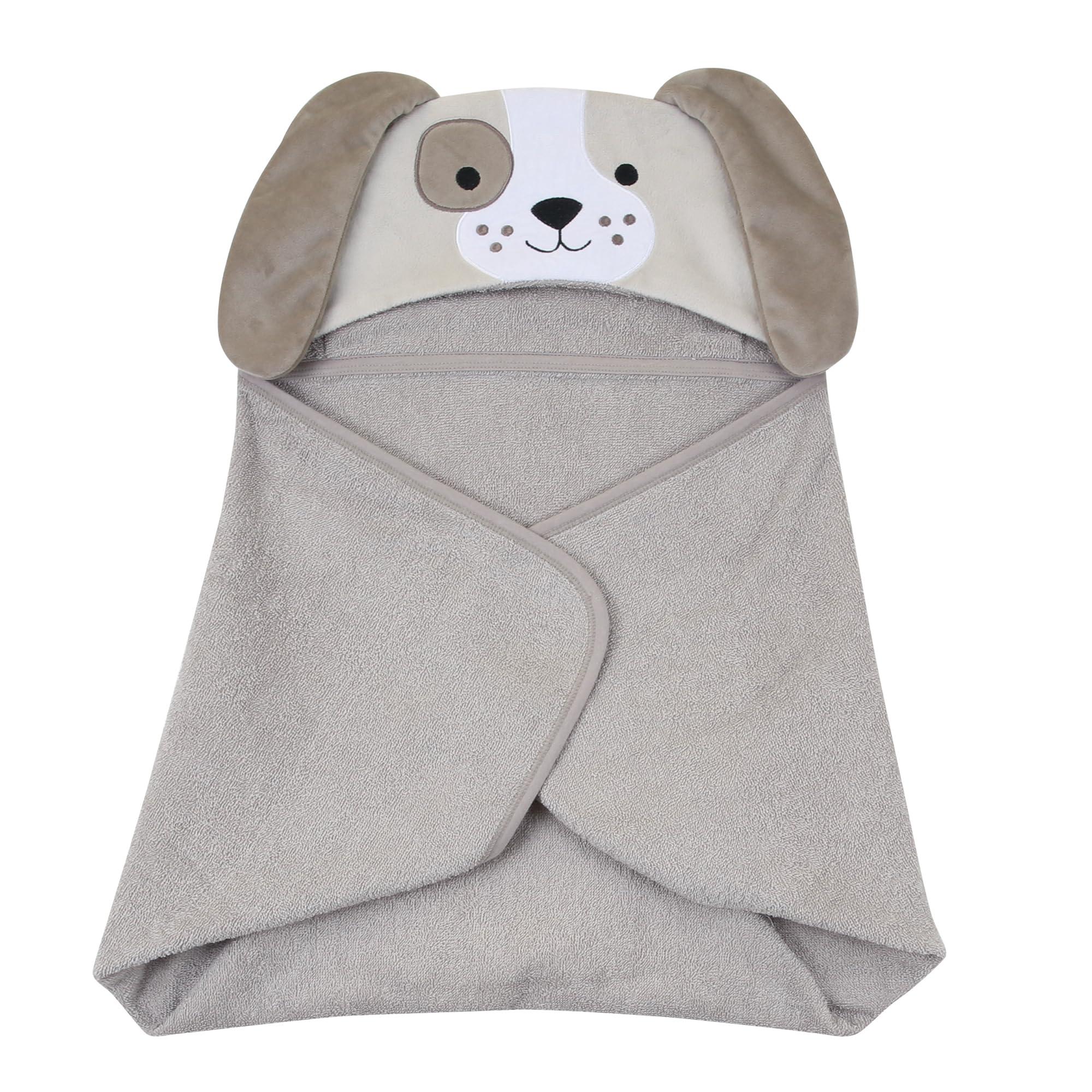 Lambs & Ivy taupe velour hood adds warmth and style to bath time