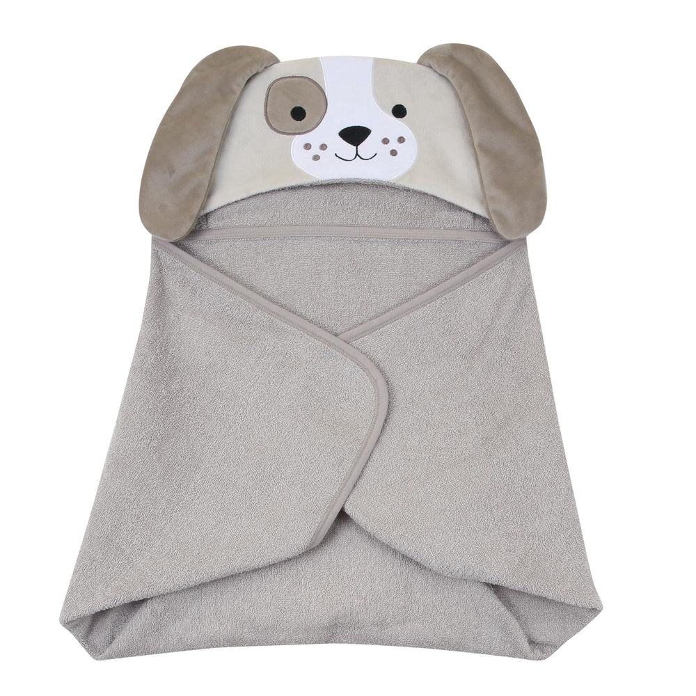 Lambs & Ivy taupe velour hood adds warmth and style to bath time