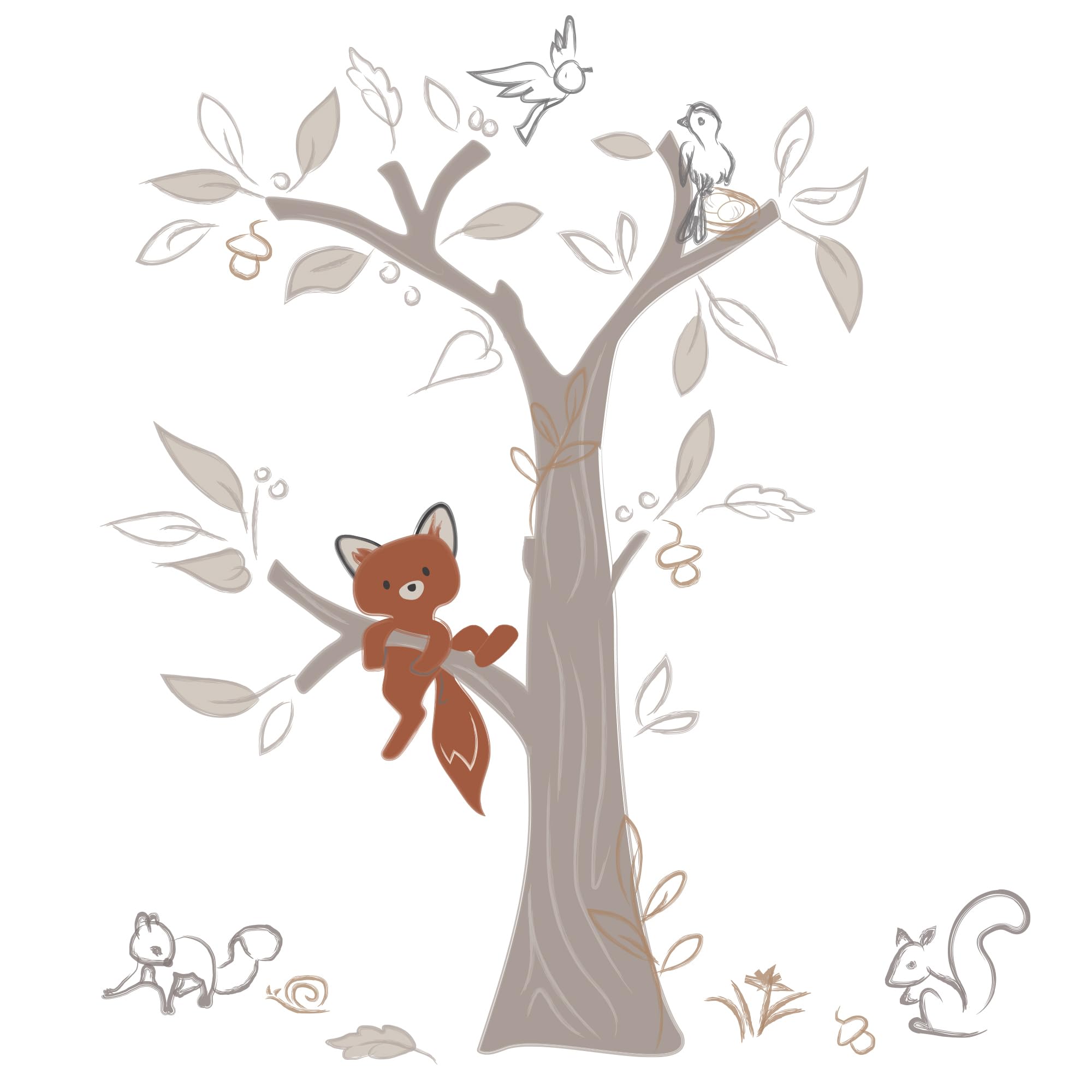 Lambs and Ivy Treetop Fox beige tree wall decal creates a cozy woodland scene.