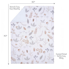Lambs & Ivy treetop fox forest blanket back highlights soft faux shearling warmth.