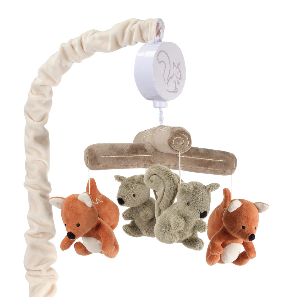 Lambs & Ivy Treetop mobile overview with fox and squirrel visuals to calm baby.
