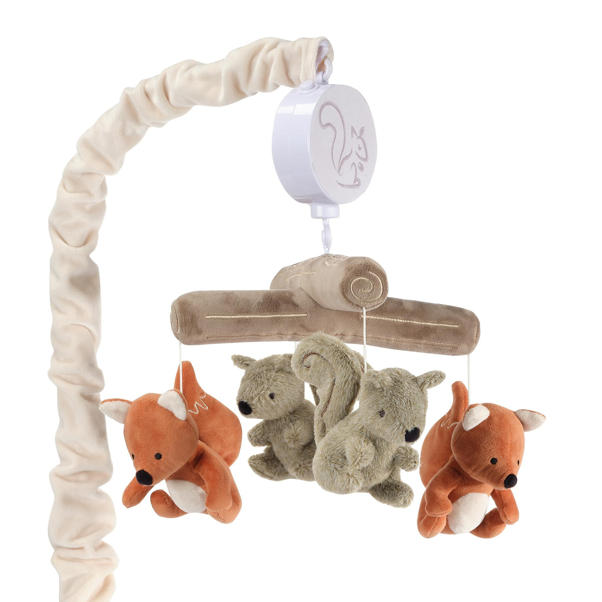 Lambs & Ivy Treetop mobile overview with fox and squirrel visuals to calm baby.