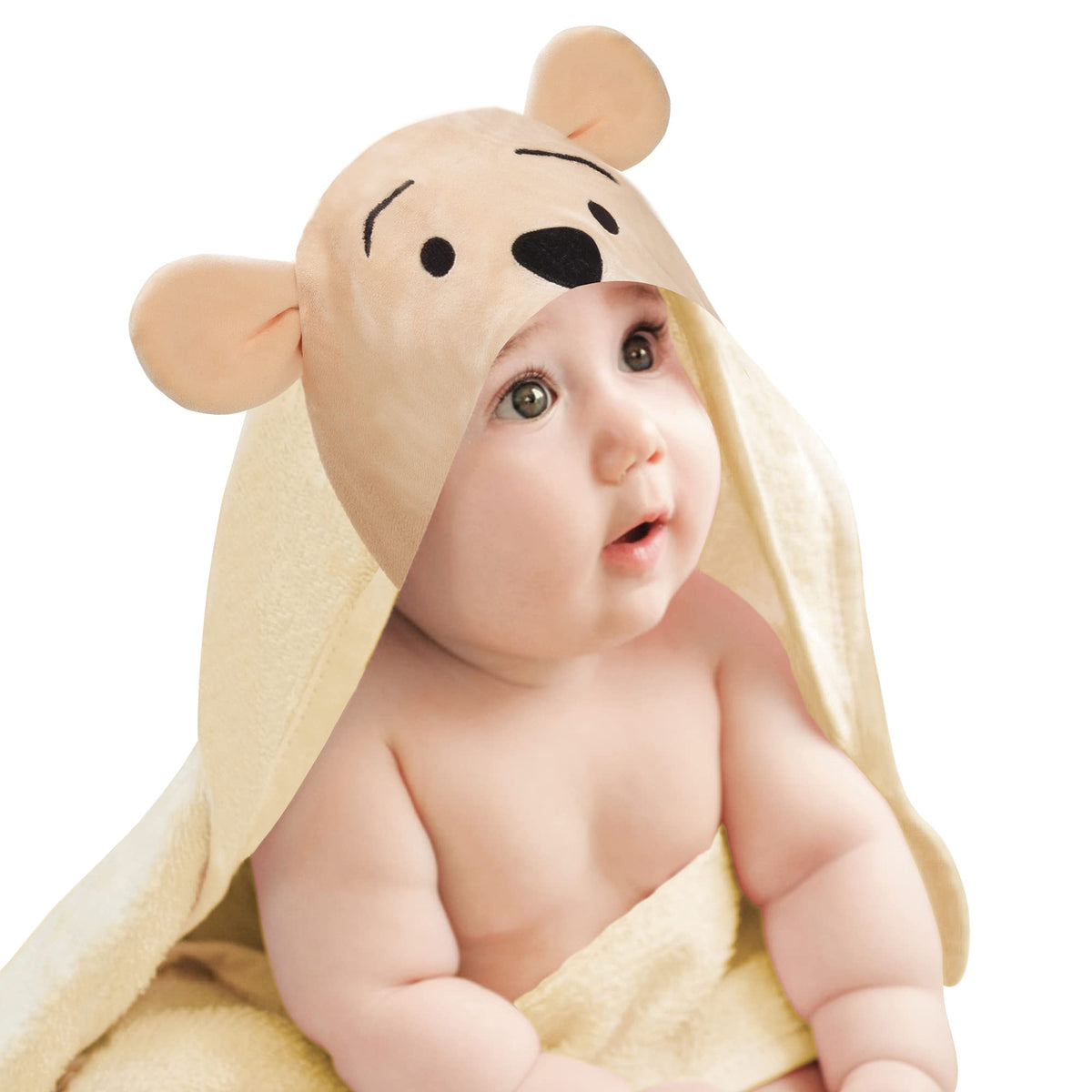Lambs & Ivy Winnie the Pooh tan hooded bath towel for after-bath cuddles.