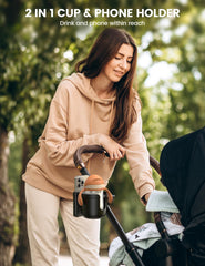 Lamicall 2in1 cup and phone holder on handlebars keeps items in reach.