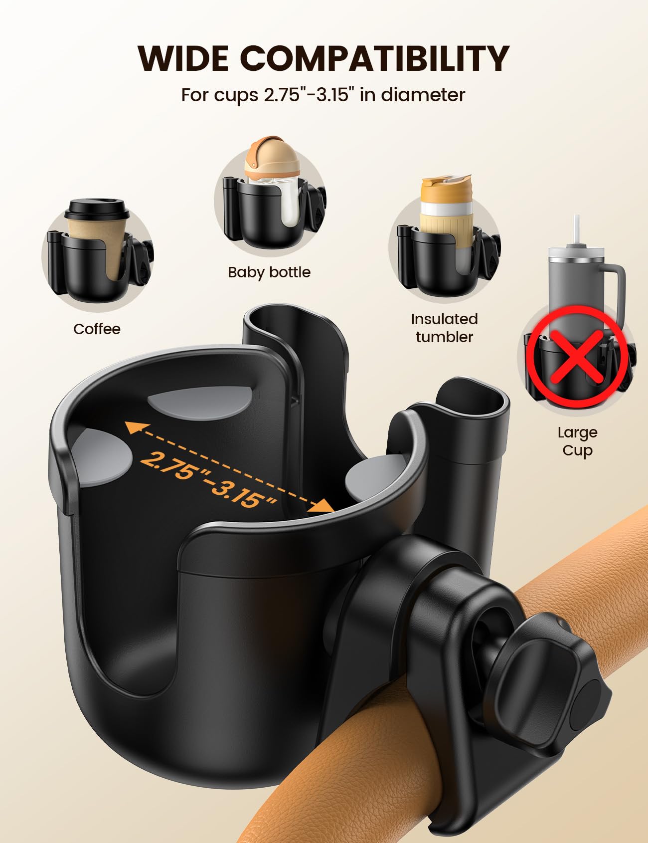 Lamicall stroller attachment clamp securely grips handlebar with 360-degree rotation.