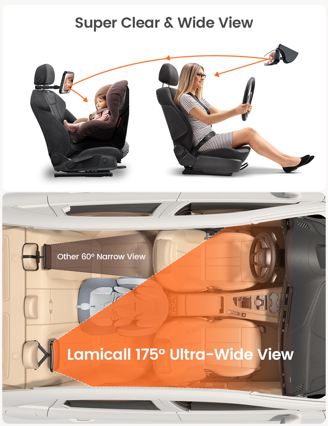 Lamicall wide 175-degree view keeps your child in sight during drives.
