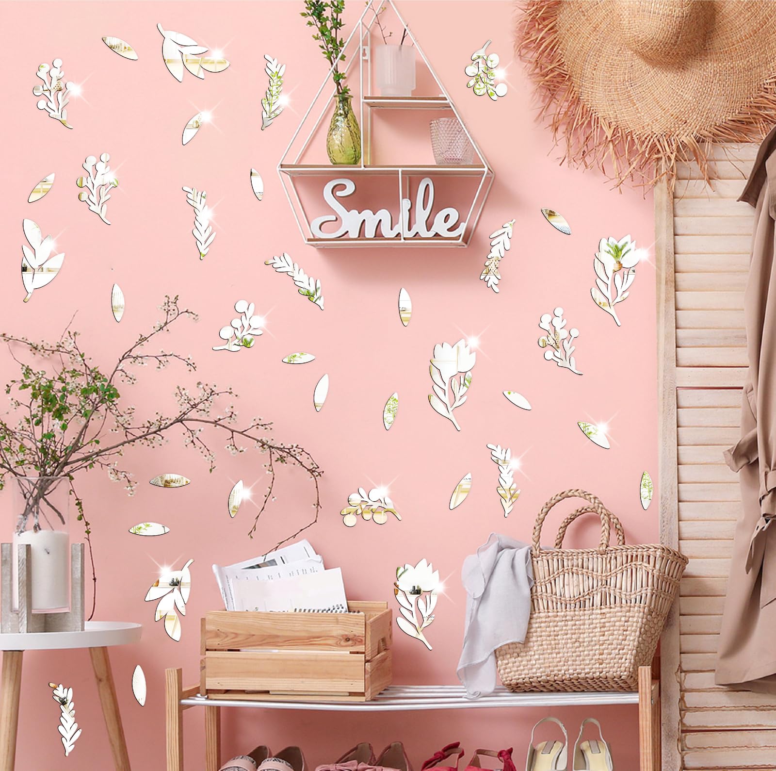 Lamkidle floral leaf wall sticker set adds reflective shimmer to your space
