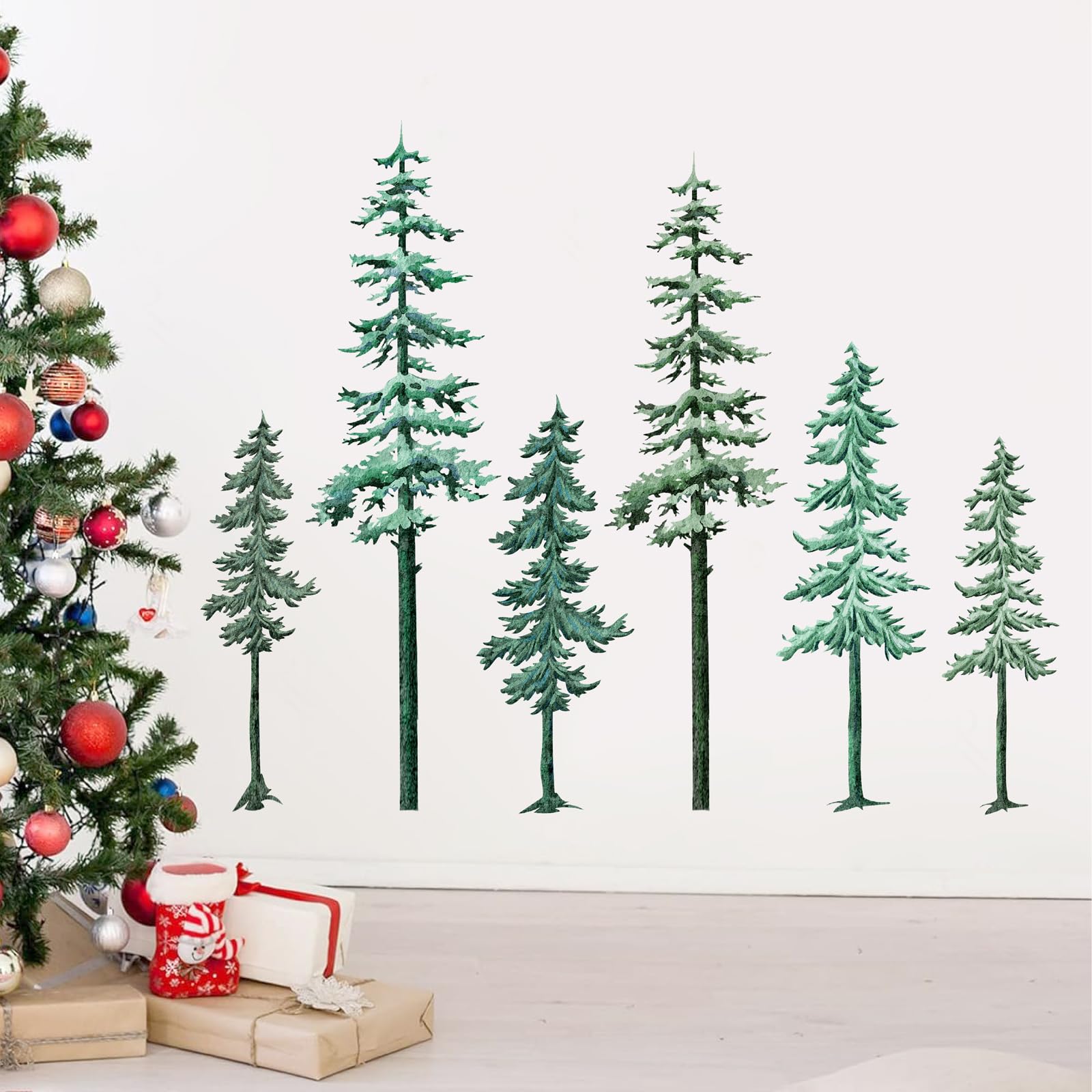 Lamkidle large pine tree wall decal creates a cozy woodland focal point in the living room
