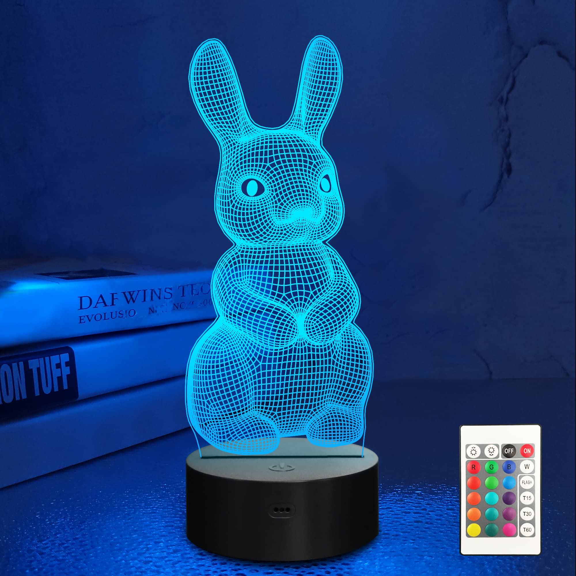 Lampeez 3D rabbit lamp with engraved panel creating vivid 3D illusion in a child’s room.