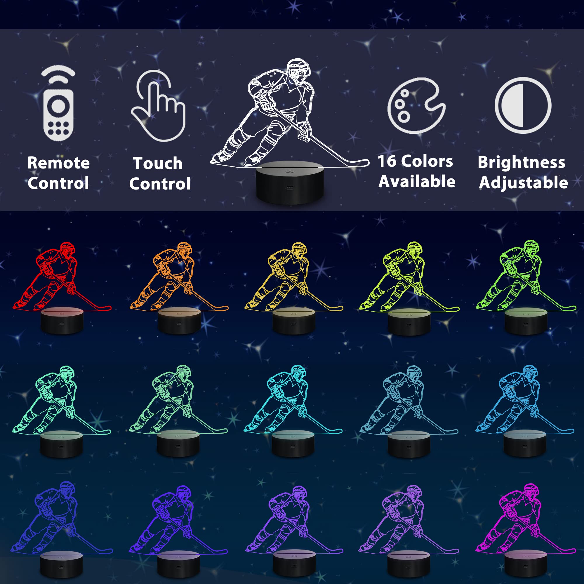 Lampeez ice hockey player 3D night light remote control for easy color changes