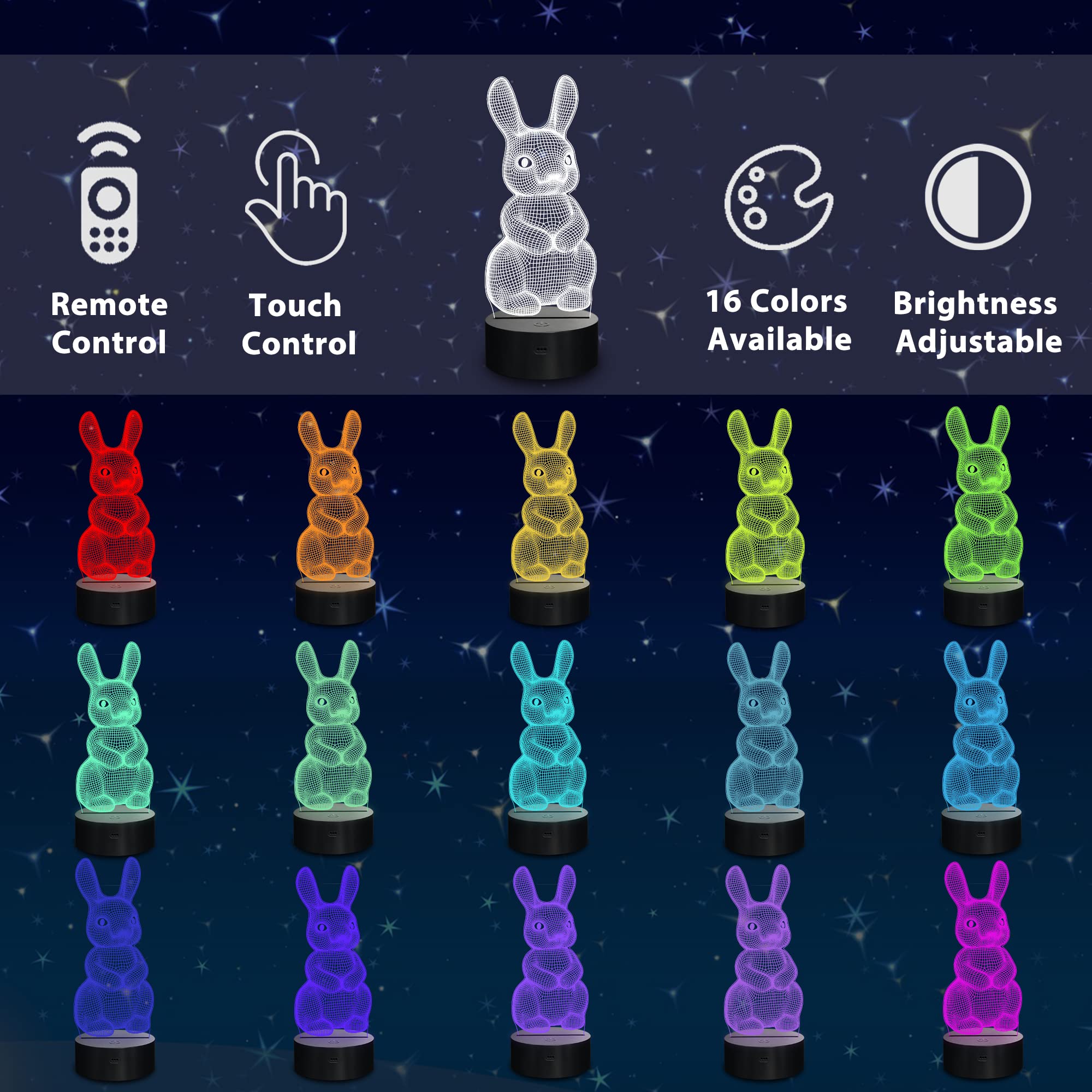 Lampeez rabbit night light with remote for easy color and brightness changes.