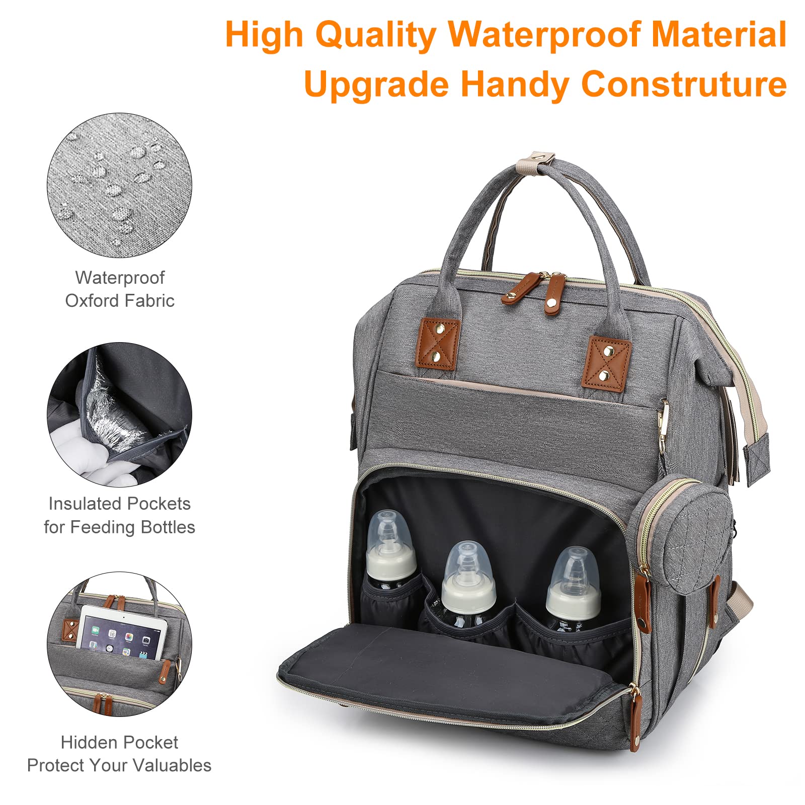 Lamroro diaper bag with 18 pockets keeps supplies organized for quick access.