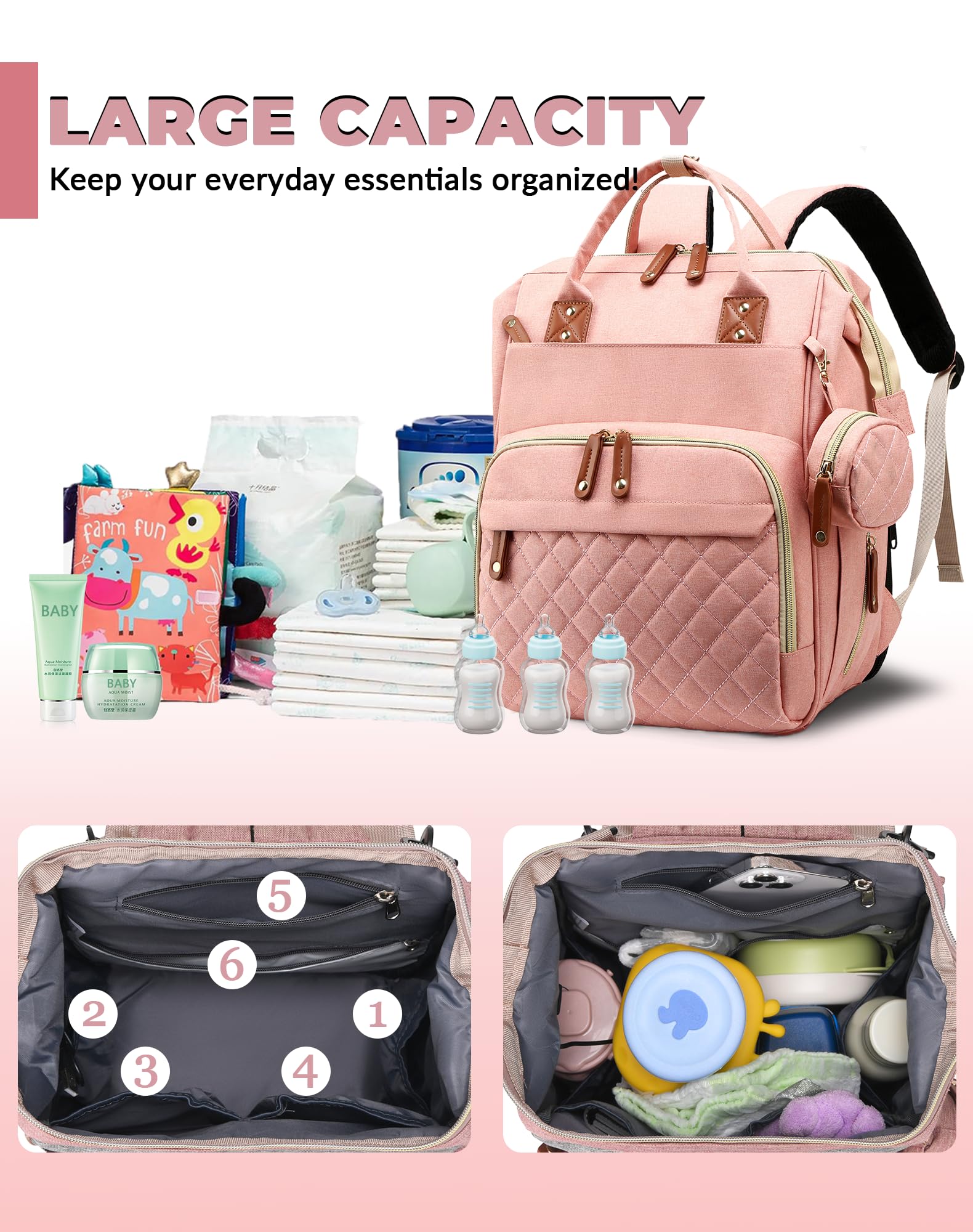 Lamroro Diaper Bag heat retaining bottle pockets help keep drinks warm during outings.