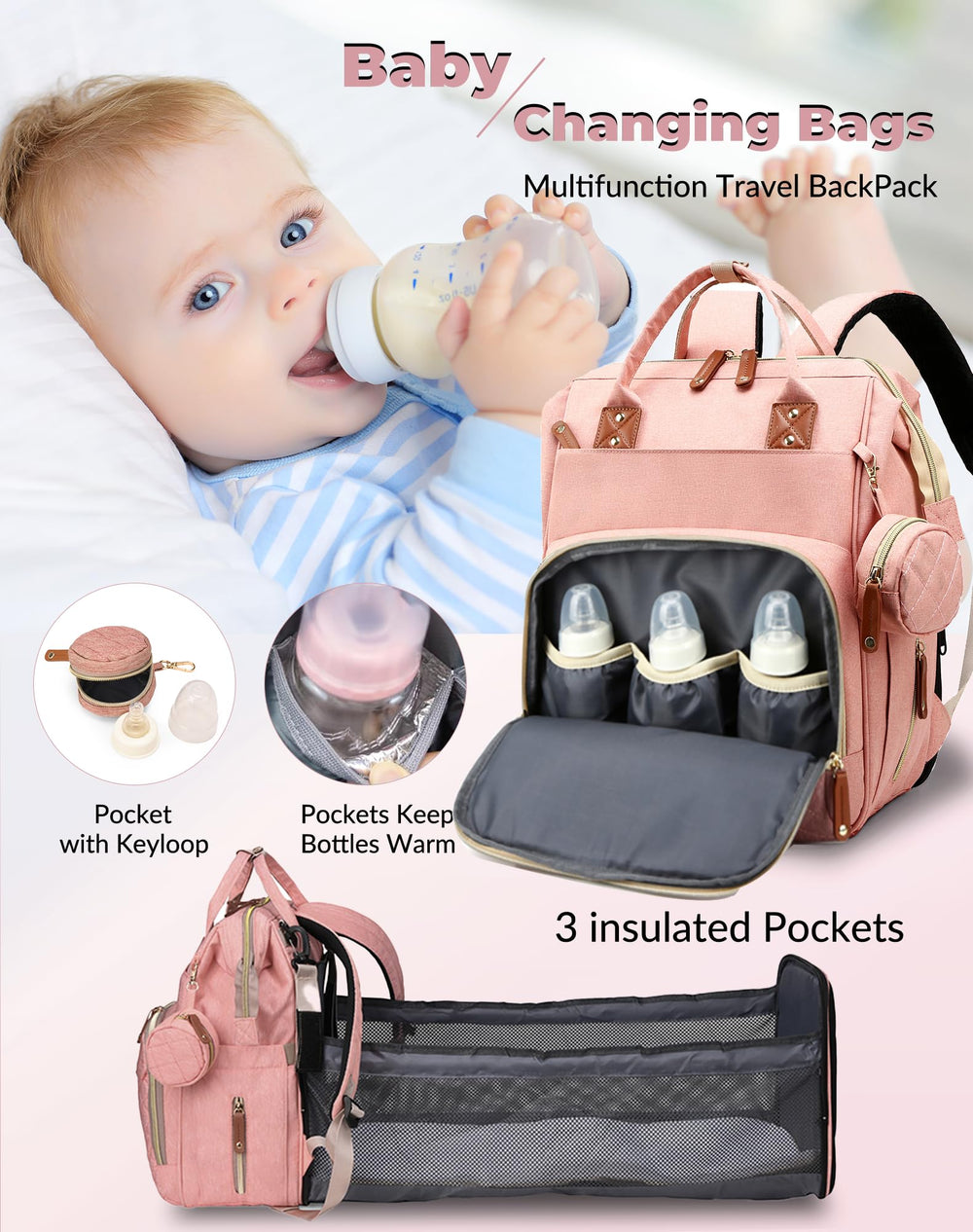 Lamroro Diaper Bag large capacity with pockets keeps diapers, bottles, and essentials organized.