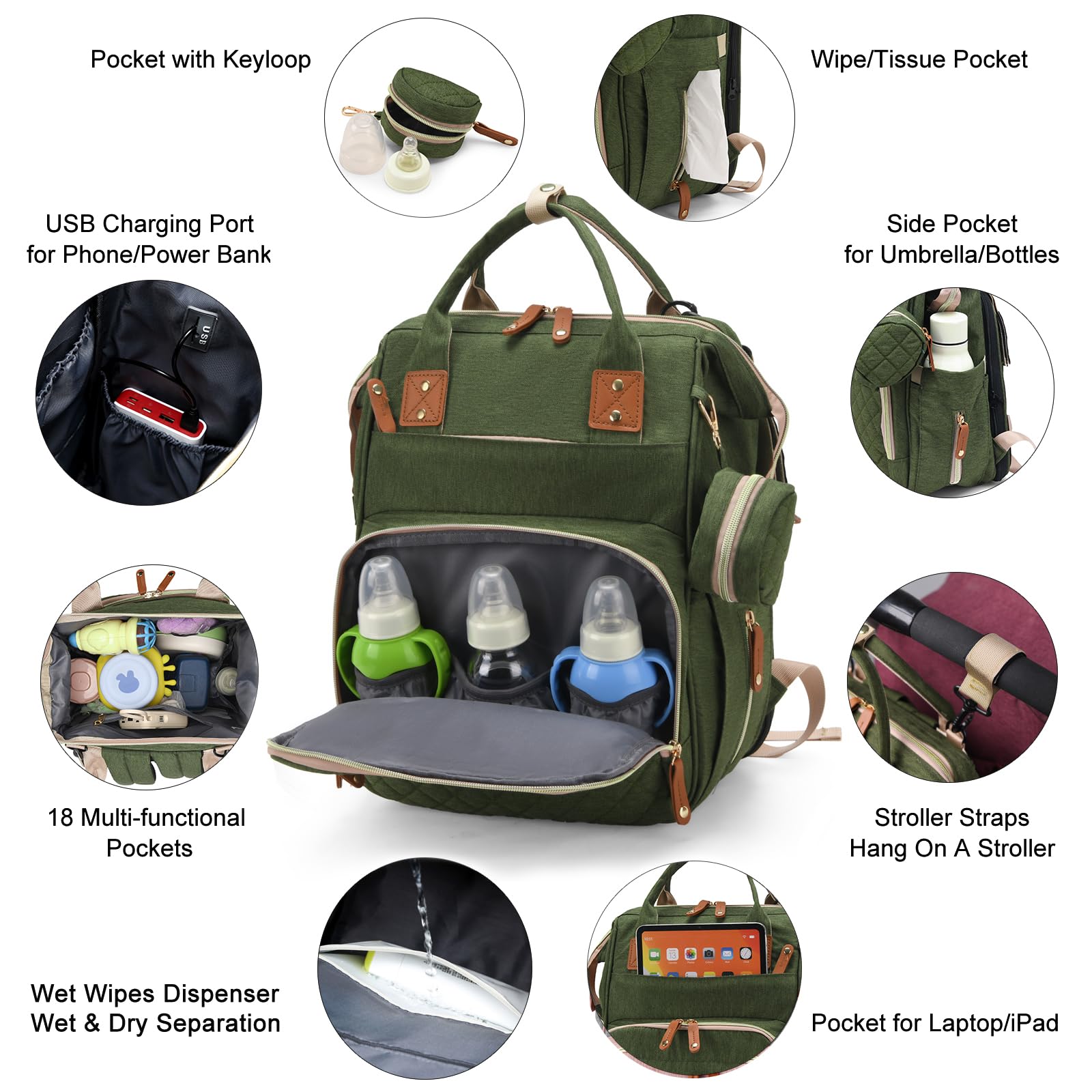 Lamroro diaper bag interior highlighting 18 pockets for organized storage.