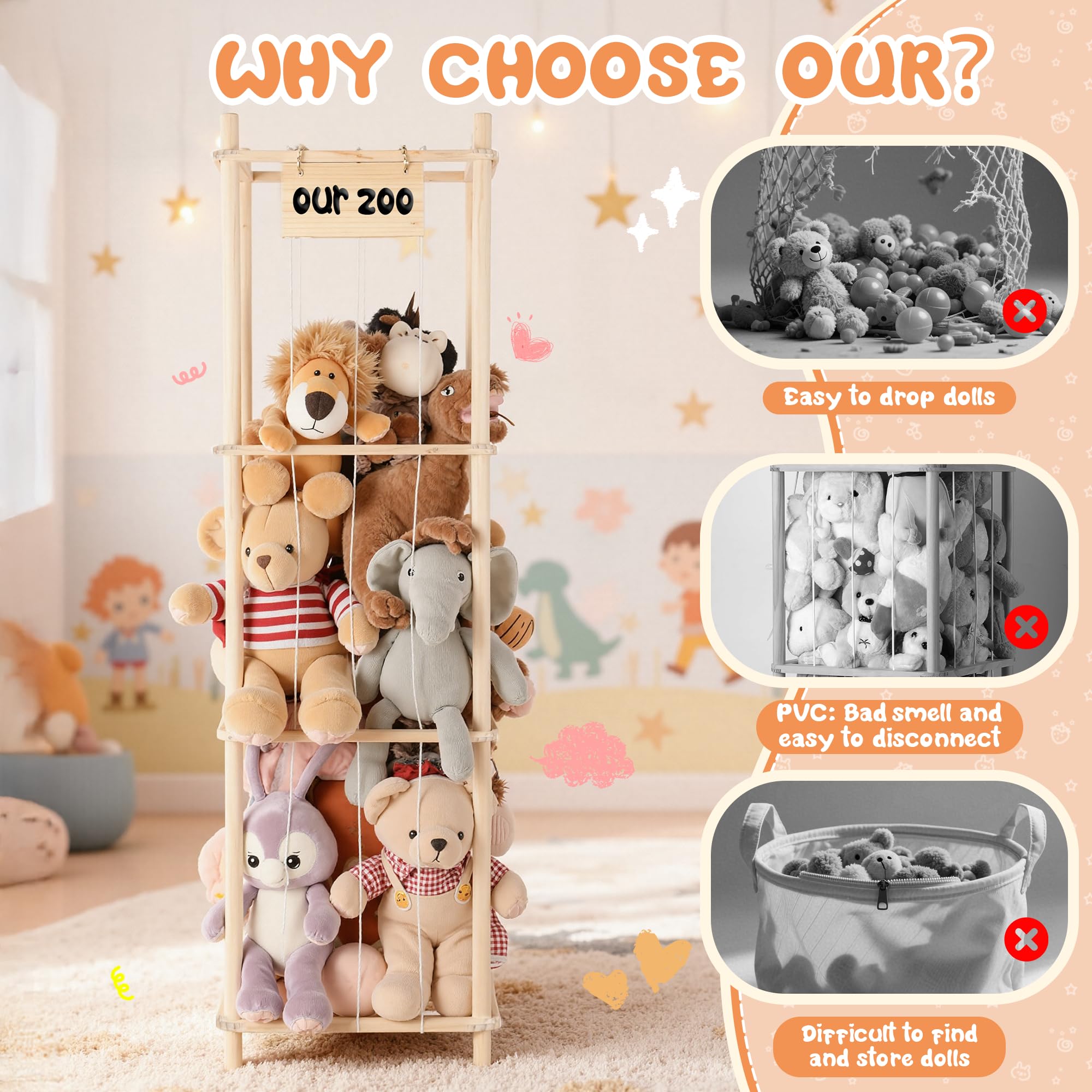 LAMU storage tower ready for display with plush toys neatly arranged