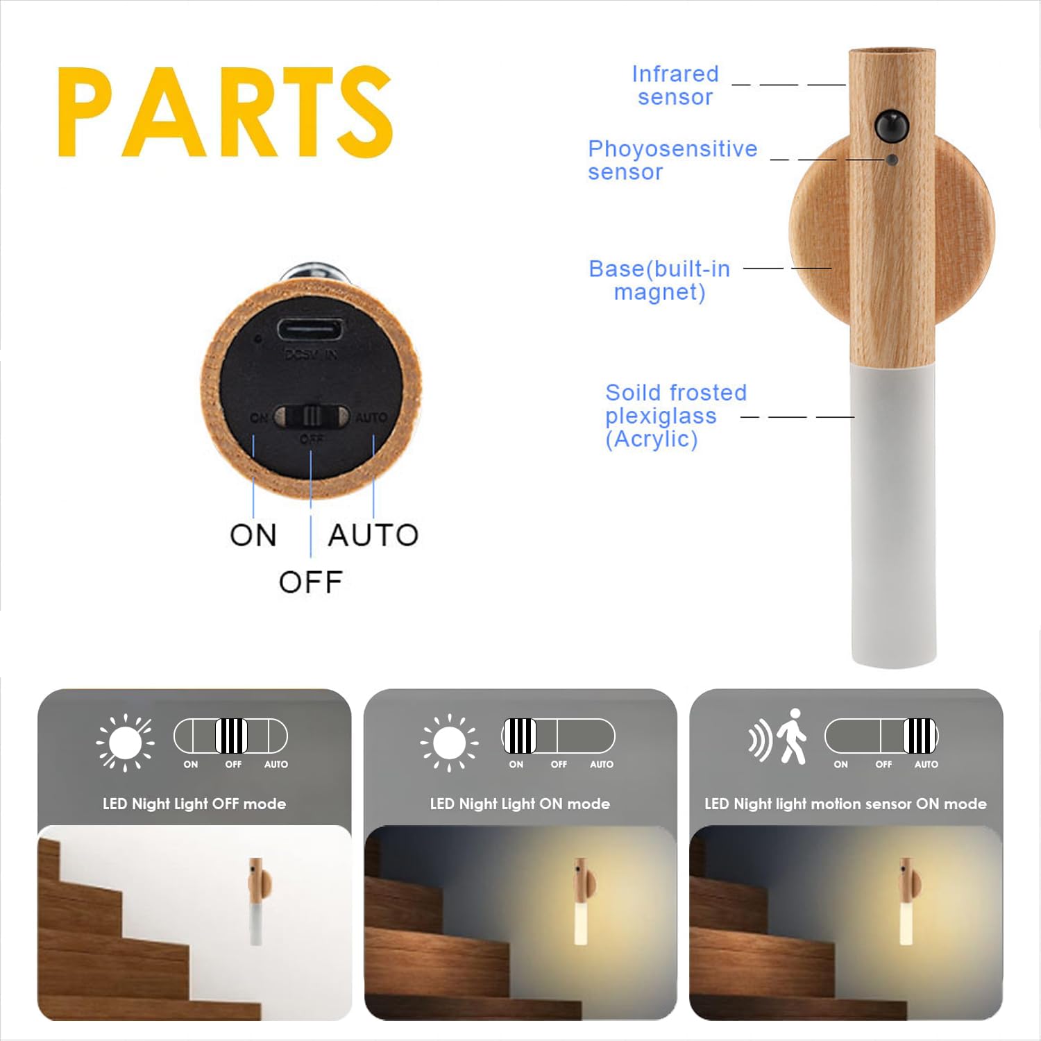 LANDGOO ash wood nursery night light side view showing compact, stylish design