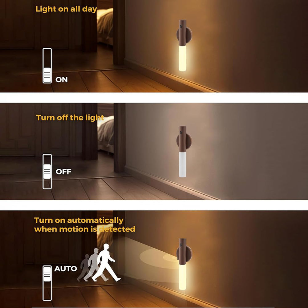 LANDGOO walnut wood night light blends with decor and provides warm glow.