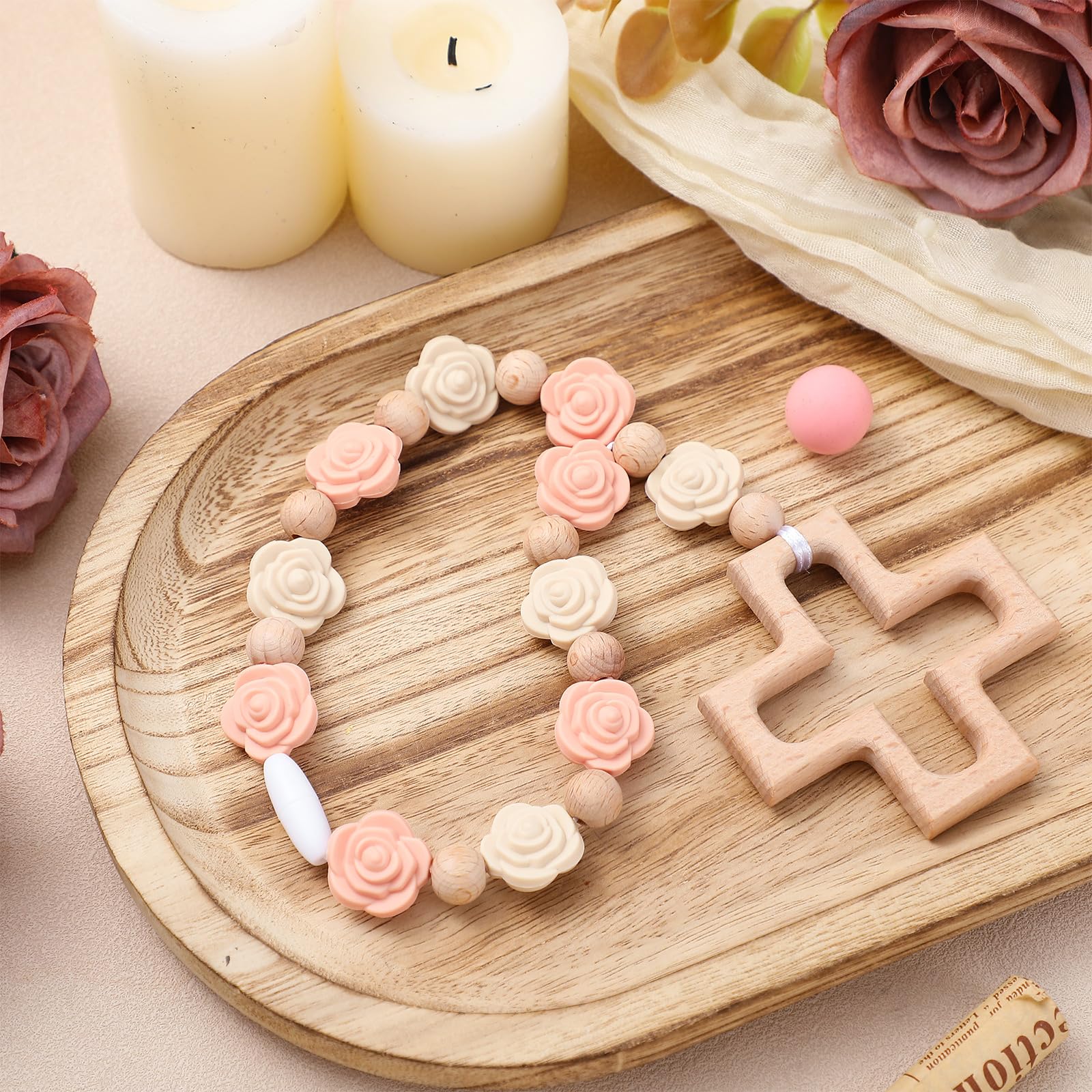 Landical Cross Baptism Silicone Rosary front view showcases pink roses and delicate beads for gentle play
