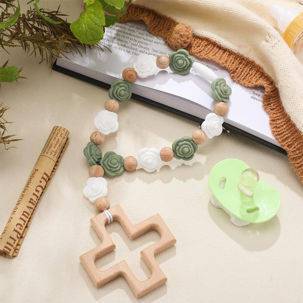 Landical cross baptism silicone rosary with white roses aids tactile learning during baptism