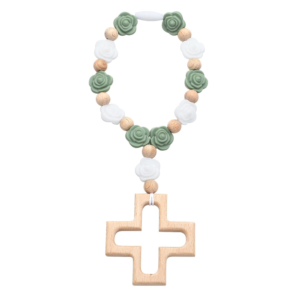 Landical sage-green and white rosary highlights durable silicone roses and wooden beads for safe play