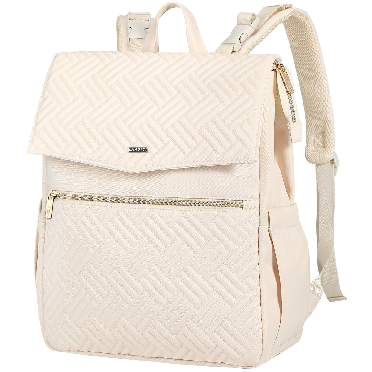 LANDICI diaper bag backpack apricot exterior highlights spacious pockets for on-the-go parenting.