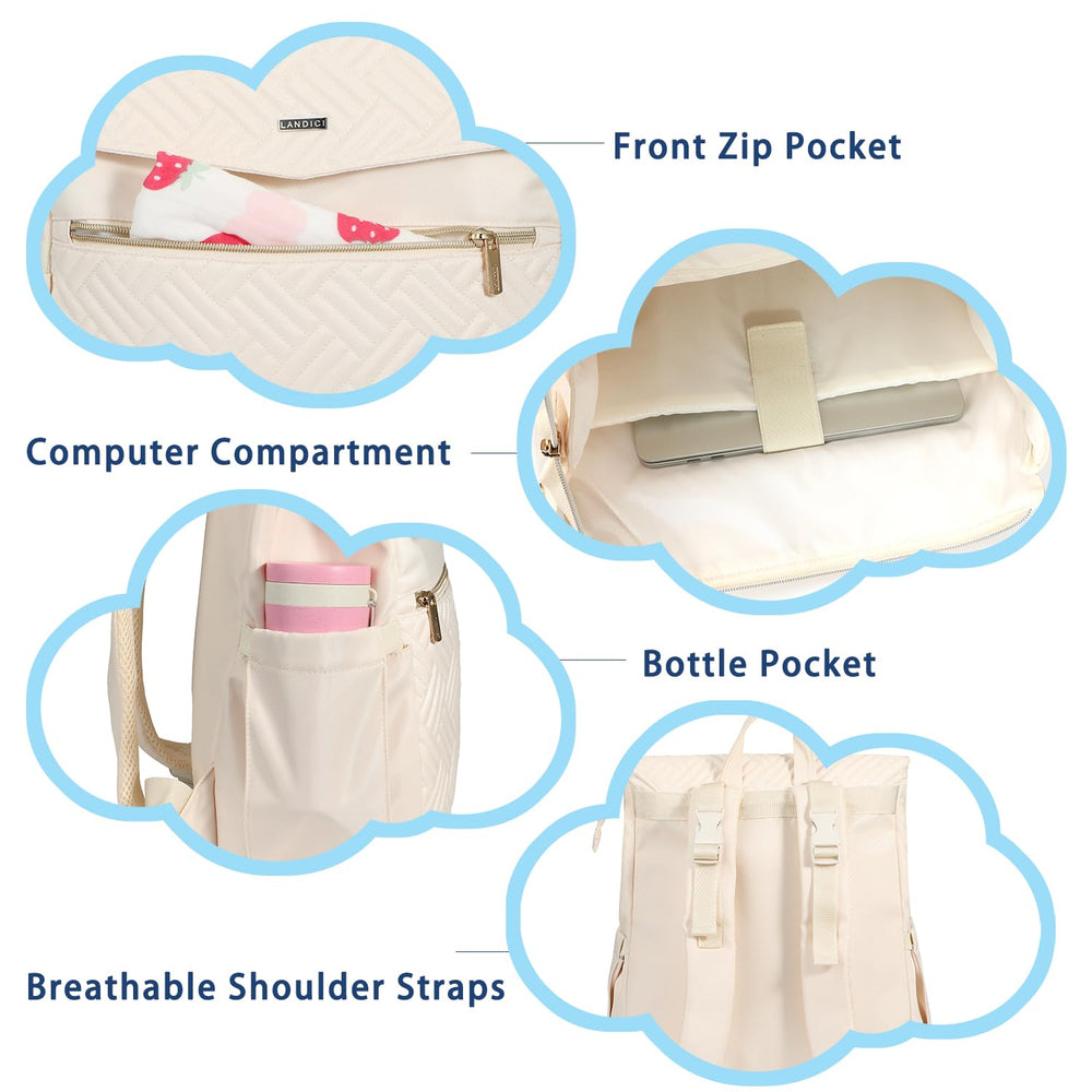 LANDICI diaper bag backpack apricot interior-pocket layout keeps baby essentials organized and easy to find.
