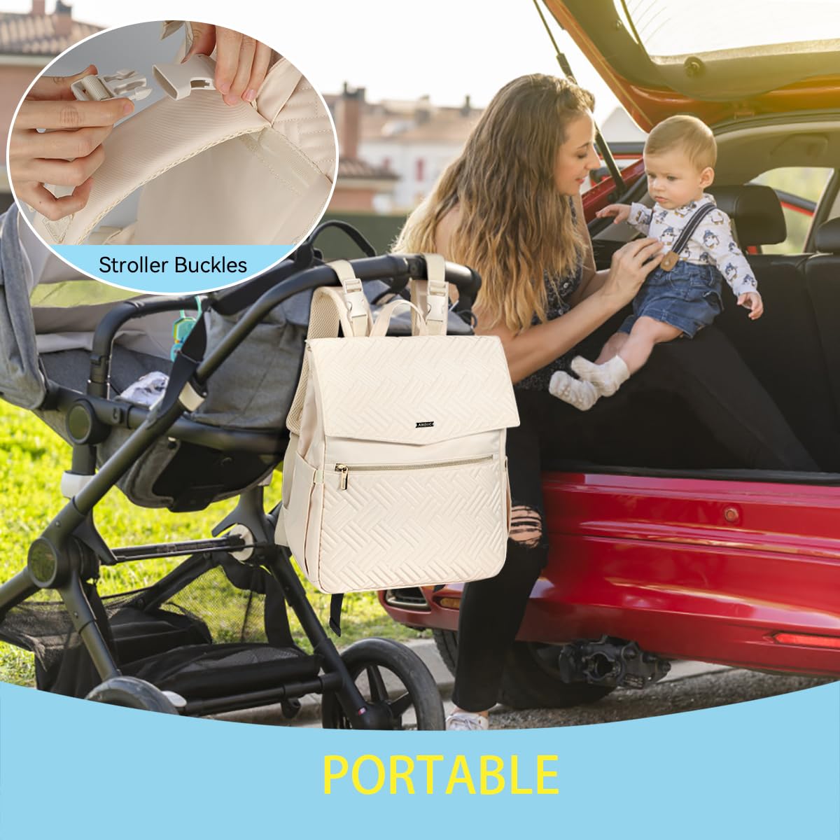 LANDICI diaper bag backpack apricot laptop-compartment fits up to 15.6 inches for work-ready trips.